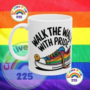 Pride Celebration Ceramic Mug | Walk with Pride | Rainbow Sneaker Coffee Cup, Gift for LGBTQ+ Allies, 11oz 15oz, Inspirational Quote