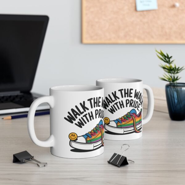 Pride Celebration Ceramic Mug | Walk with Pride | Rainbow Sneaker Coffee Cup, Gift for LGBTQ+ Allies, 11oz 15oz, Inspirational Quote - Image 3
