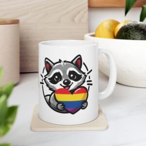 Adorable Raccoon Pride Mug - Cute Animal Coffee Cup for LGBTQ+ Celebration, Gift for Friends, Colorful Ceramic Drinkware
