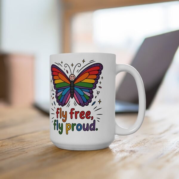 Rainbow Butterfly Ceramic Mug - "Be Free, Fly Proud" - Perfect Gift for Friends, Pride Celebration, Inspirational Drinkware - Image 8