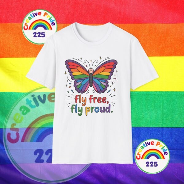 Rainbow Butterfly Pride T-Shirt, LGBTQ+ Gift, Fly Free Fly Proud Tee, Summer Pride Apparel, Unisex Festival Shirt