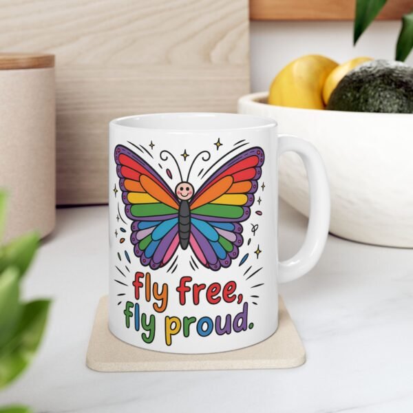 Rainbow Butterfly Ceramic Mug - "Be Free, Fly Proud" - Perfect Gift for Friends, Pride Celebration, Inspirational Drinkware - Image 4