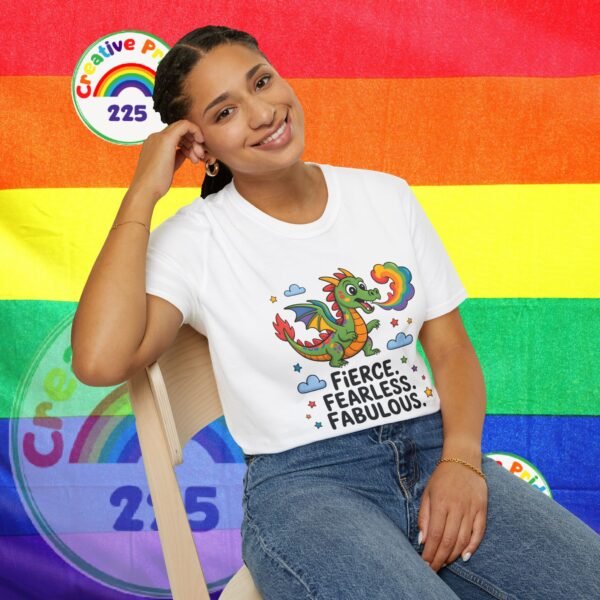 Fierce & Fabulous Pride T-Shirt, LGBTQ+ Shirt, Rainbow Dragon Tee, Unisex Softstyle Top, Gift for Pride Month - Image 6