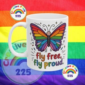 Rainbow Butterfly Ceramic Mug - "Be Free, Fly Proud" - Perfect Gift for Friends, Pride Celebration, Inspirational Drinkware