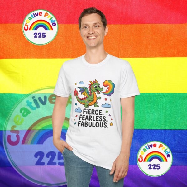 Fierce & Fabulous Pride T-Shirt, LGBTQ+ Shirt, Rainbow Dragon Tee, Unisex Softstyle Top, Gift for Pride Month - Image 3