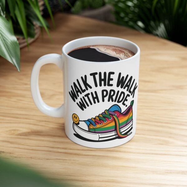 Pride Celebration Ceramic Mug | Walk with Pride | Rainbow Sneaker Coffee Cup, Gift for LGBTQ+ Allies, 11oz 15oz, Inspirational Quote - Image 4