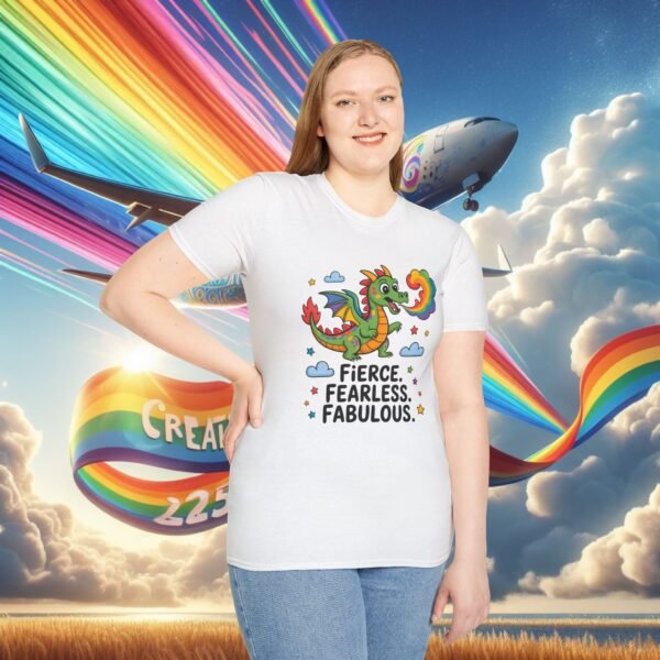 Fierce & Fabulous Pride T-Shirt, LGBTQ+ Shirt, Rainbow Dragon Tee, Unisex Softstyle Top, Gift for Pride Month - Image 5