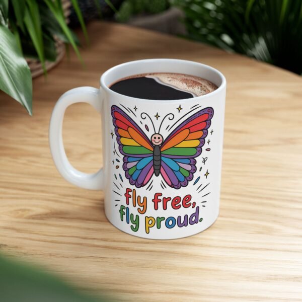 Rainbow Butterfly Ceramic Mug - "Be Free, Fly Proud" - Perfect Gift for Friends, Pride Celebration, Inspirational Drinkware - Image 6