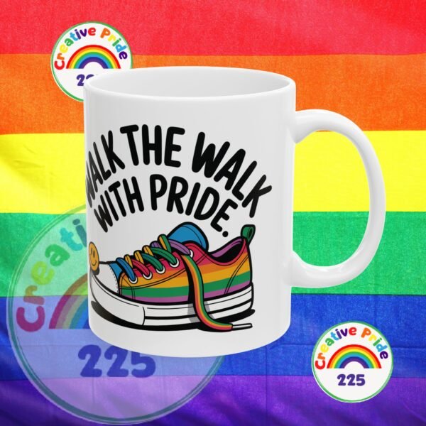 Pride Celebration Ceramic Mug | Walk with Pride | Rainbow Sneaker Coffee Cup, Gift for LGBTQ+ Allies, 11oz 15oz, Inspirational Quote - Image 2