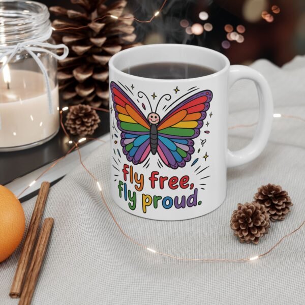 Rainbow Butterfly Ceramic Mug - "Be Free, Fly Proud" - Perfect Gift for Friends, Pride Celebration, Inspirational Drinkware - Image 3