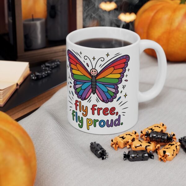 Rainbow Butterfly Ceramic Mug - "Be Free, Fly Proud" - Perfect Gift for Friends, Pride Celebration, Inspirational Drinkware - Image 5